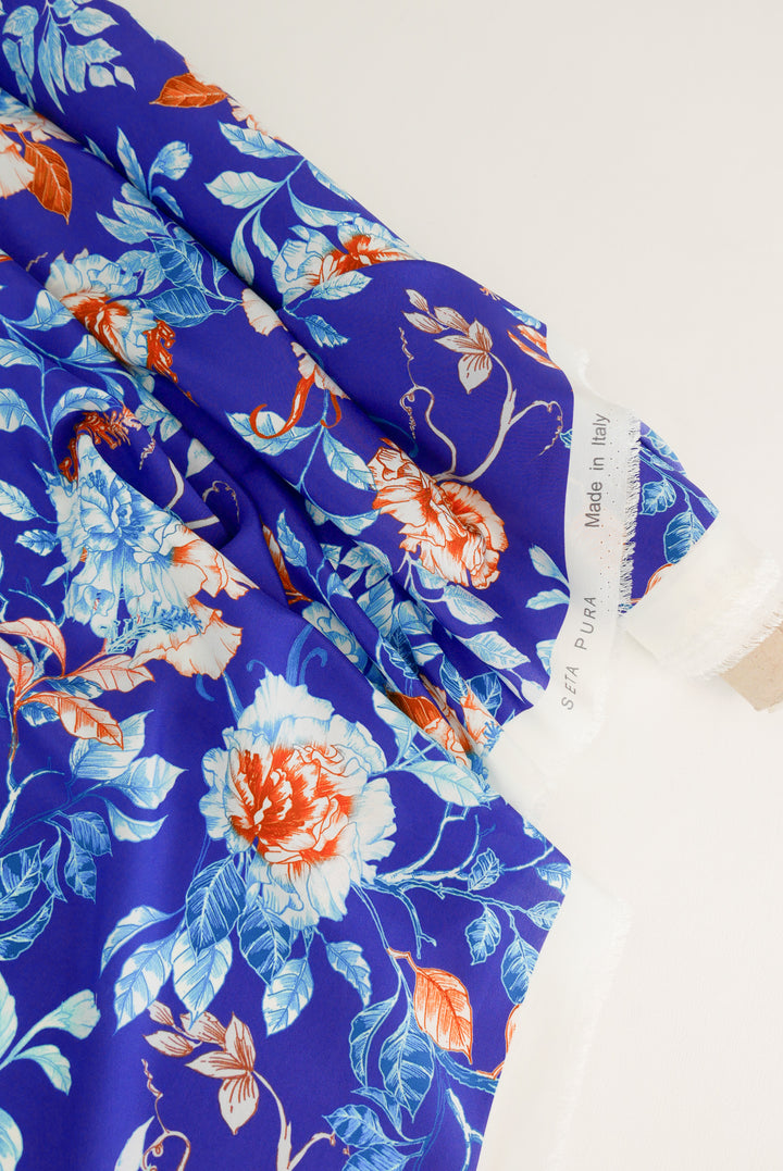 Italian Silk Crepe De Chine | Ocean Blue Floral