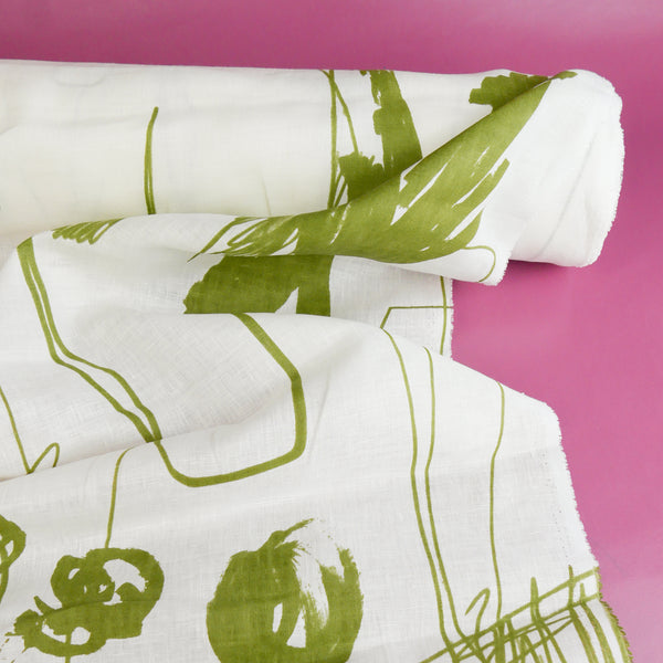 Edwin - Screen-Printed Linen | Olive Fish Scribble