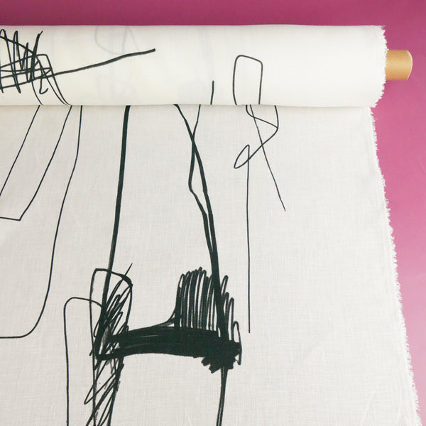 Edwin - Screen-Printed Linen | Black Scribble