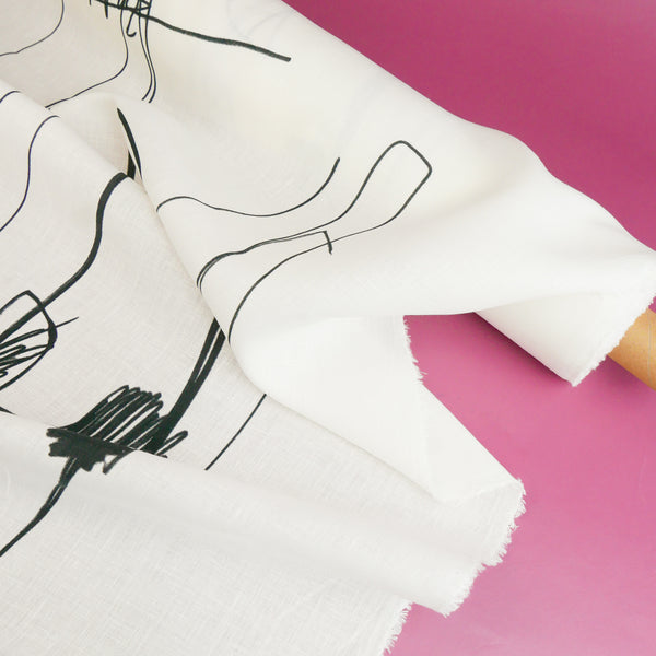 Edwin - Screen-Printed Linen | Black Scribble