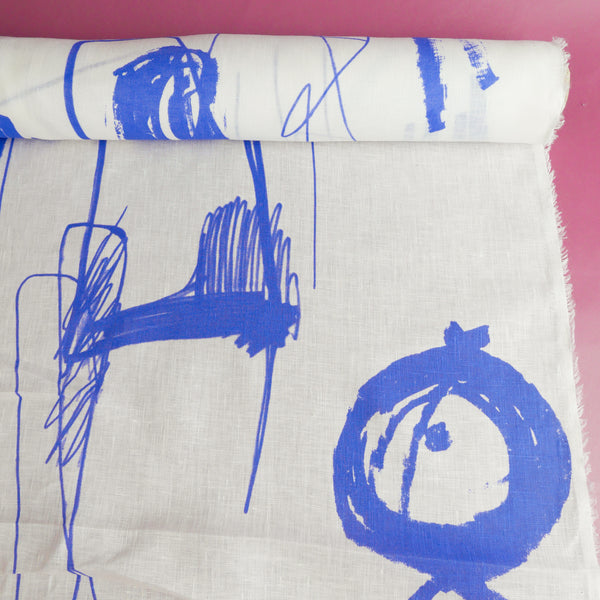 Edwin - Screen-Printed Linen | Blue Fish Scribble