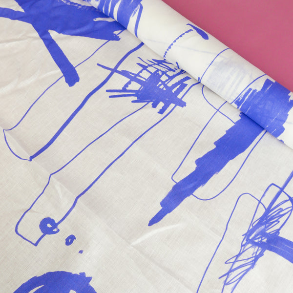 Edwin - Screen-Printed Linen | Blue Fish Scribble